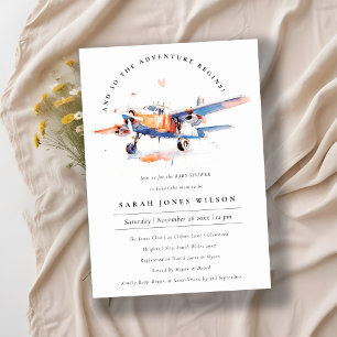 Invitation Baby shower d'avion bleu orange chic