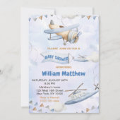 Invitation Baby shower d'avion bleu rétro (Devant)