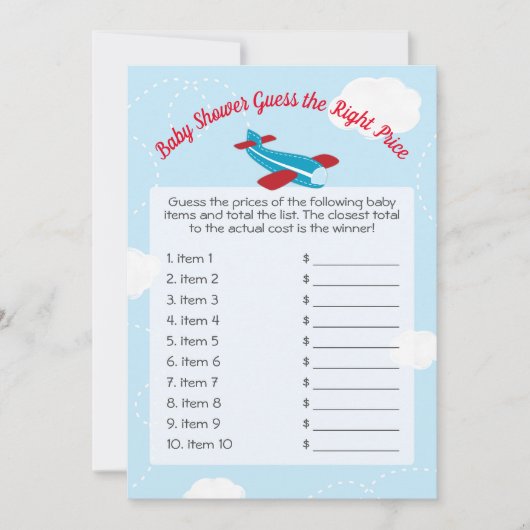 Invitation Baby shower d'avion mignon Devinez juste prix jeu (Devant)