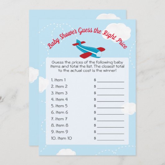 Invitation Baby shower d'avion mignon Devinez juste prix jeu (Devant / Derrière)