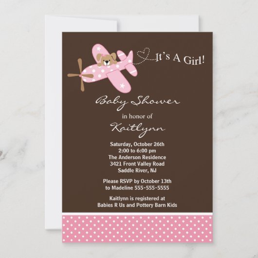 Invitation Baby shower d'avion rose (Devant)