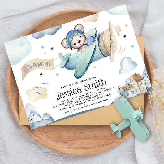 Invitation Baby shower d'avion Teddy Bear
