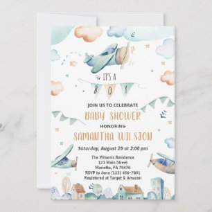 Invitation Baby shower d'avions caricaturaux aquarelle