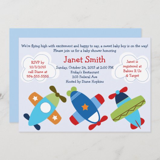Invitation Baby shower d'avions volants (Devant / Derrière)