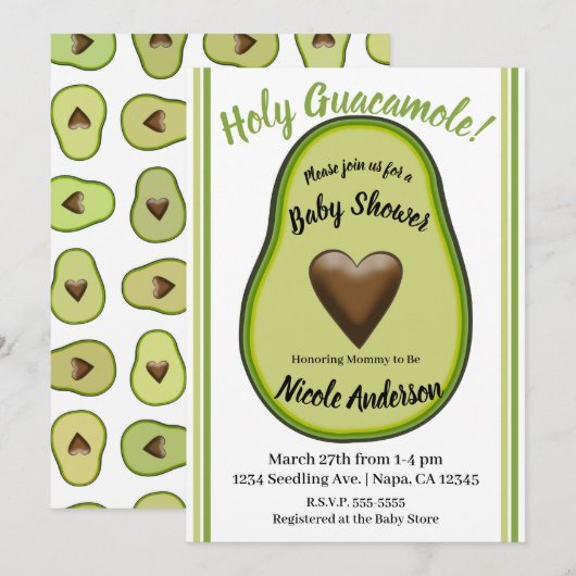Invitation Baby shower d'Avocado du coeur Saint-Guacamole (Devant / Derrière)
