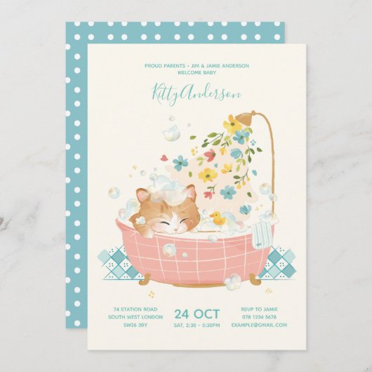 Invitation Baby shower de bain à bulle Kitty Cat (Devant / Derrière)