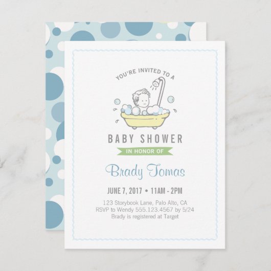 Invitation Baby shower de bain Bubble garçon (Devant / Derrière)
