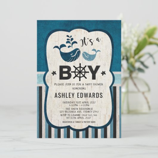 Invitation Baby shower de baleine Ahoy C'est un ga (Debout devant)