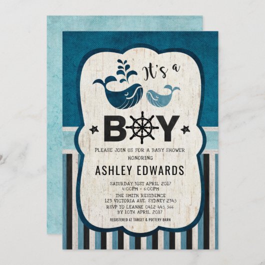 Invitation Baby shower de baleine Ahoy C'est un ga (Devant / Derrière)