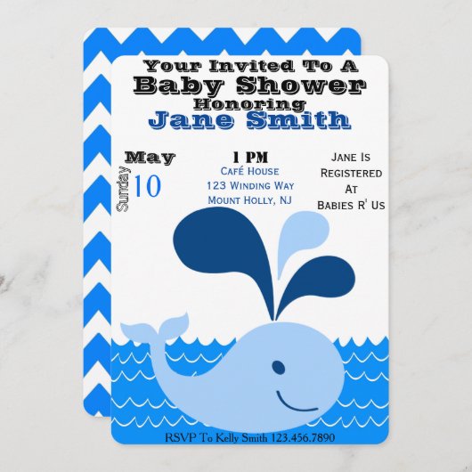 Invitation Baby shower de baleine (Garçon) (Devant / Derrière)