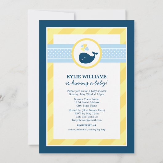 Invitation Baby shower de baleine jaune bleu marine (Devant)