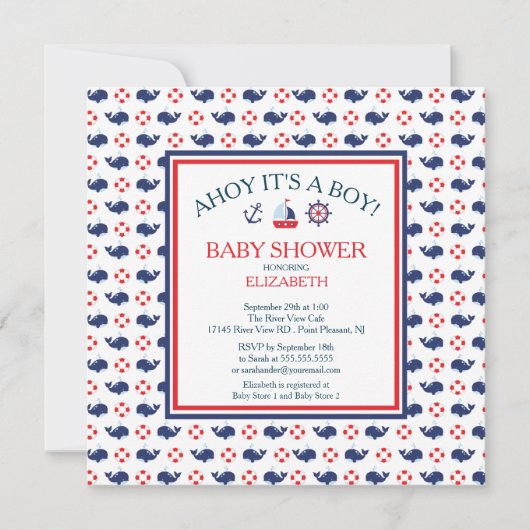 Invitation Baby shower de baleine nautique (Devant)