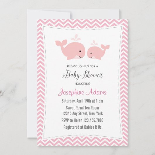 Invitation Baby shower de baleine rose (Devant)
