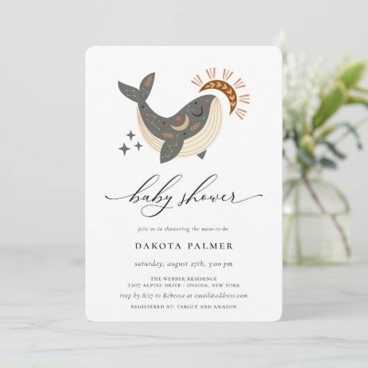 Invitation Baby shower de baleines célestes de Boho (Debout devant)