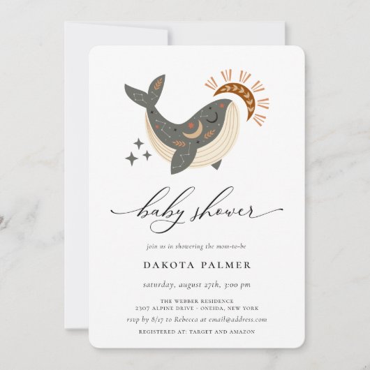 Invitation Baby shower de baleines célestes de Boho (Devant)