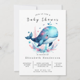 Invitation Baby shower de baleines modifiable aquarelle