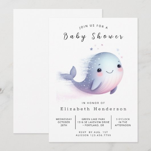 Invitation Baby shower de baleines modifiable de Boho (Devant / Derrière)