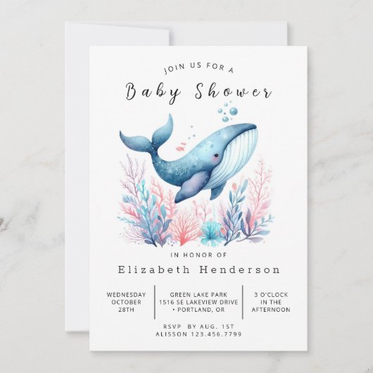 Invitation Baby shower de baleines modifiable et neutre selon (Devant)