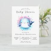Invitation Baby shower de baleines modifiable et neutre selon (Debout devant)