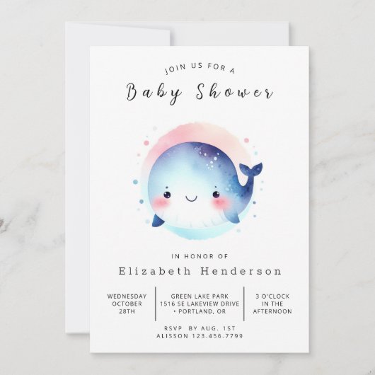 Invitation Baby shower de baleines modifiable moderne (Devant)
