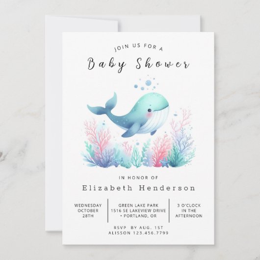 Invitation Baby shower de baleines modifiable simple (Devant)
