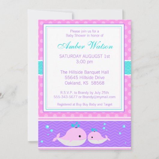 Invitation Baby shower de baleines roses (Devant)