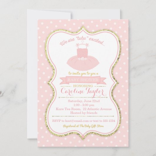 Invitation Baby shower de ballet Tutu rose et or (Devant)