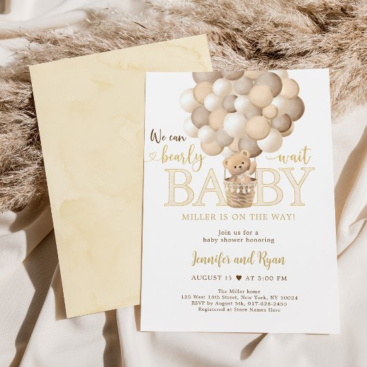 Invitation Baby shower de ballon à air chaud Gold Teddy Bear