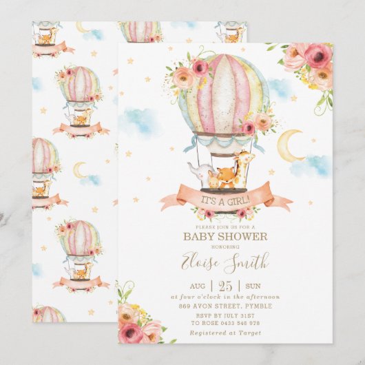 Invitation Baby shower de ballon à air chaud Jungle Animaux F (Devant / Derrière)