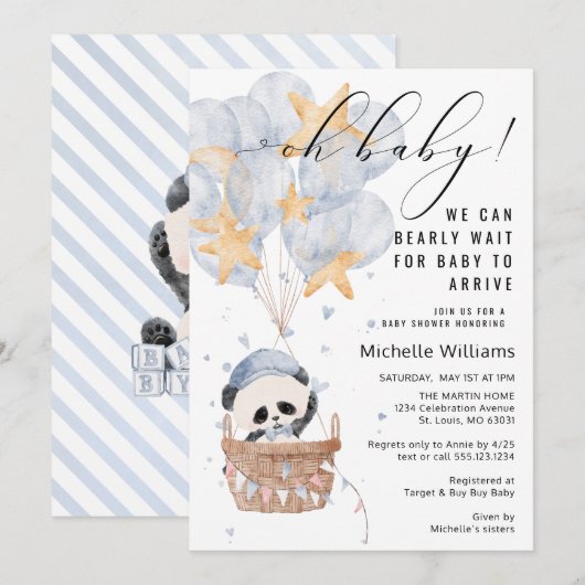 Invitation Baby shower de ballon à air chaud Panda (Devant / Derrière)