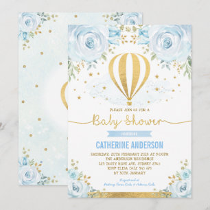 Invitation Baby shower de ballon à air chaud Pastel Blue Flor