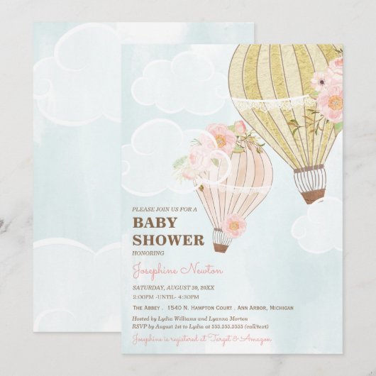 Invitation Baby shower de ballon à air chaud Pastel Pink & Go (Devant / Derrière)