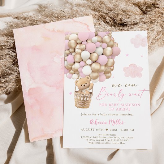 Invitation Baby shower de ballon à air chaud Pink Gold Teddy 