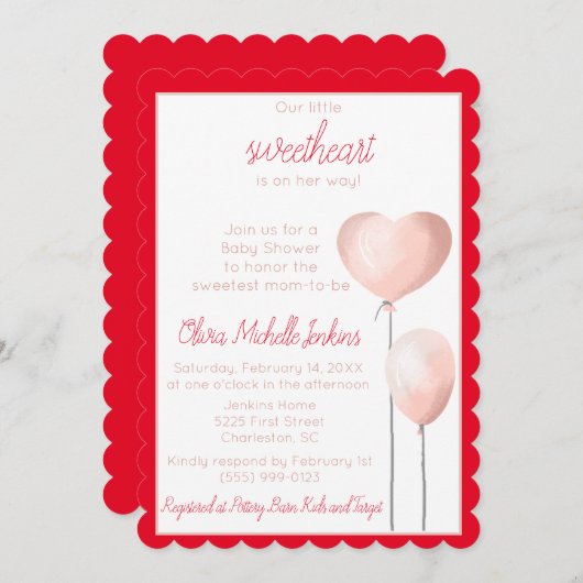 Invitation Baby shower de ballon à coeur rose pale (Devant / Derrière)