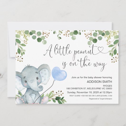Invitation Baby shower de ballon bleu petit arachide éléphant (Devant)