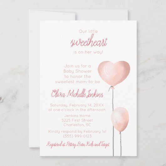 Invitation Baby shower de ballon de coeur rose Valentine (Devant)