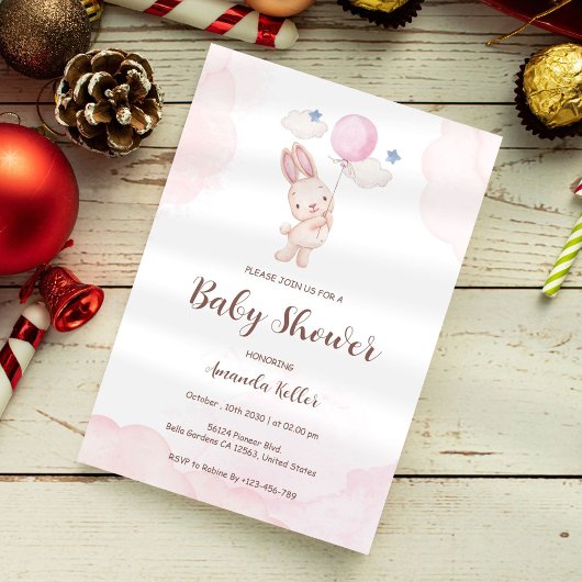 Invitation Baby shower de ballon de lapin mignon