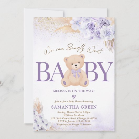Invitation Baby shower de ballon d'ours pourpre (Devant)
