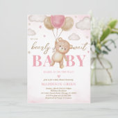 Invitation Baby shower de ballon d'ours rose (Debout devant)