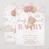 Invitation Baby shower de ballon d'ours rose (Devant / Derrière)