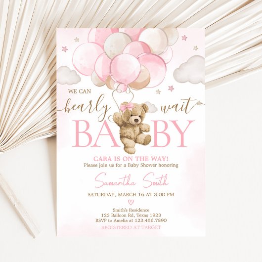 Invitation Baby shower de ballon d'ours rose Boho