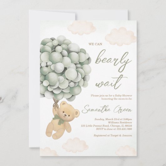 Invitation Baby shower de ballon d'ours vert (Devant)