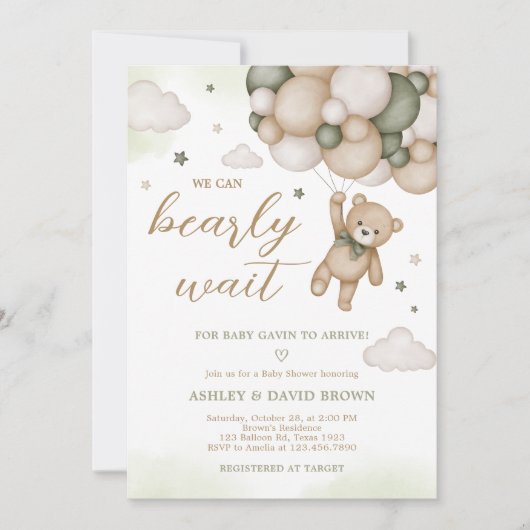 Invitation Baby shower de ballon d'ours vert (Devant)