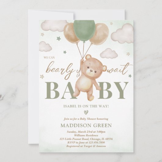 Invitation Baby shower de ballon d'ours vert (Devant)