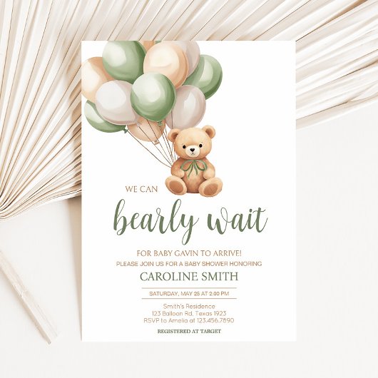 Invitation Baby shower de ballon d'ours vert Sage