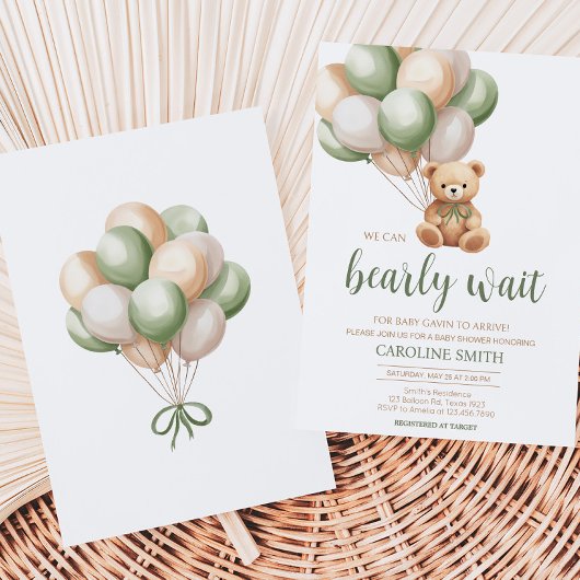 Invitation Baby shower de ballon d'ours vert Sage