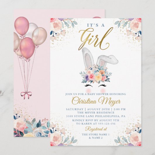 Invitation Baby shower de ballon floral mignon rosé d'or (Devant / Derrière)