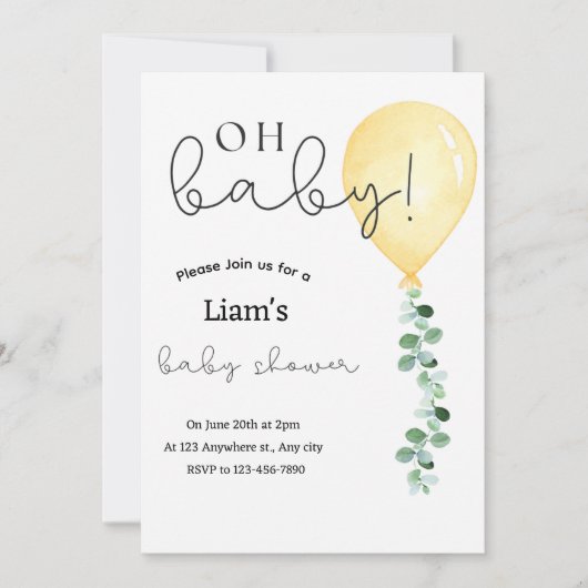 Invitation baby shower de ballon jaune Eucalyptus (Devant)