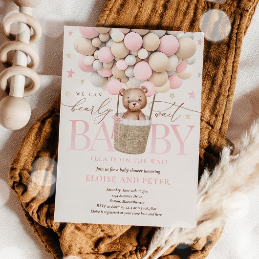 Invitation Baby shower de ballon rose Fille Teddy Ours