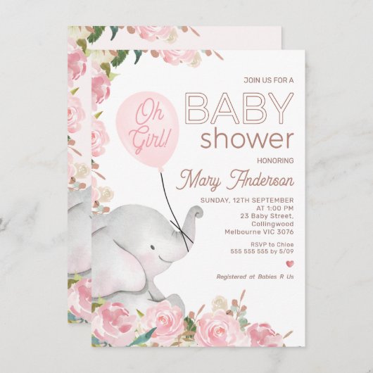 Invitation Baby shower de ballon rose fleuri Boho (Devant / Derrière)